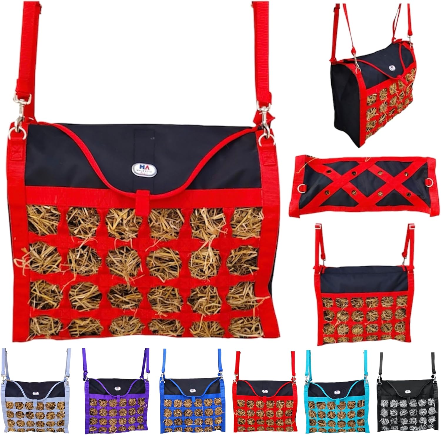 Animal Health Hay Bag for Horses, 2.5" Holes, Top Load, Travel Feeder, Reduces Waste, 1 Year Warranty, Multiple