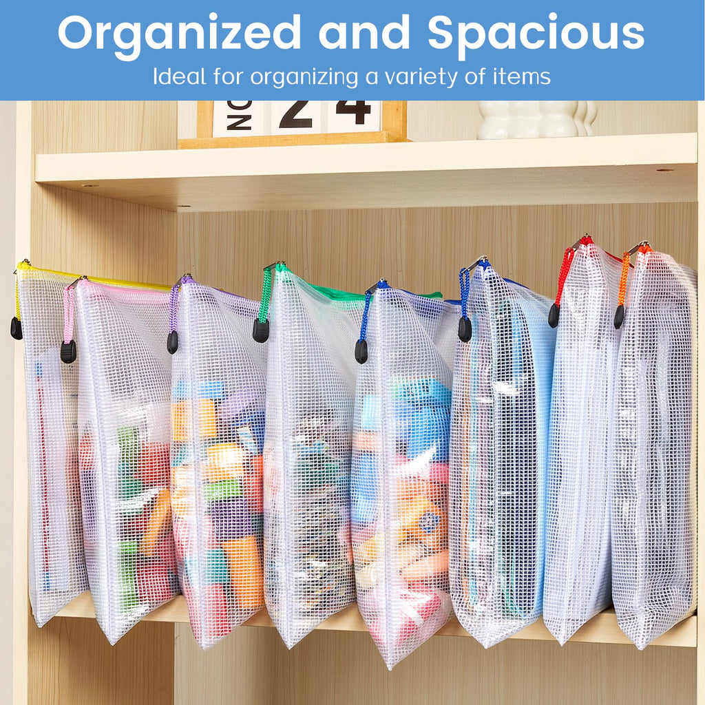 24 Pack Mesh Zipper Pouch with Sticky Labels, A4 Mesh Bags Organizer