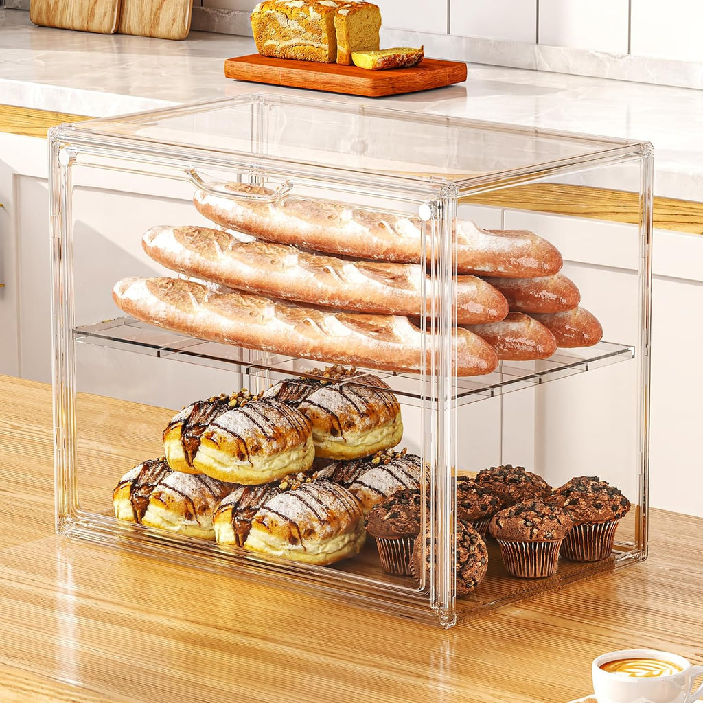 Pastry Display Case, 2 Tier Bread Box for Kitchen Countertop, Acrylic Bread Container with Magnetic Door, Large