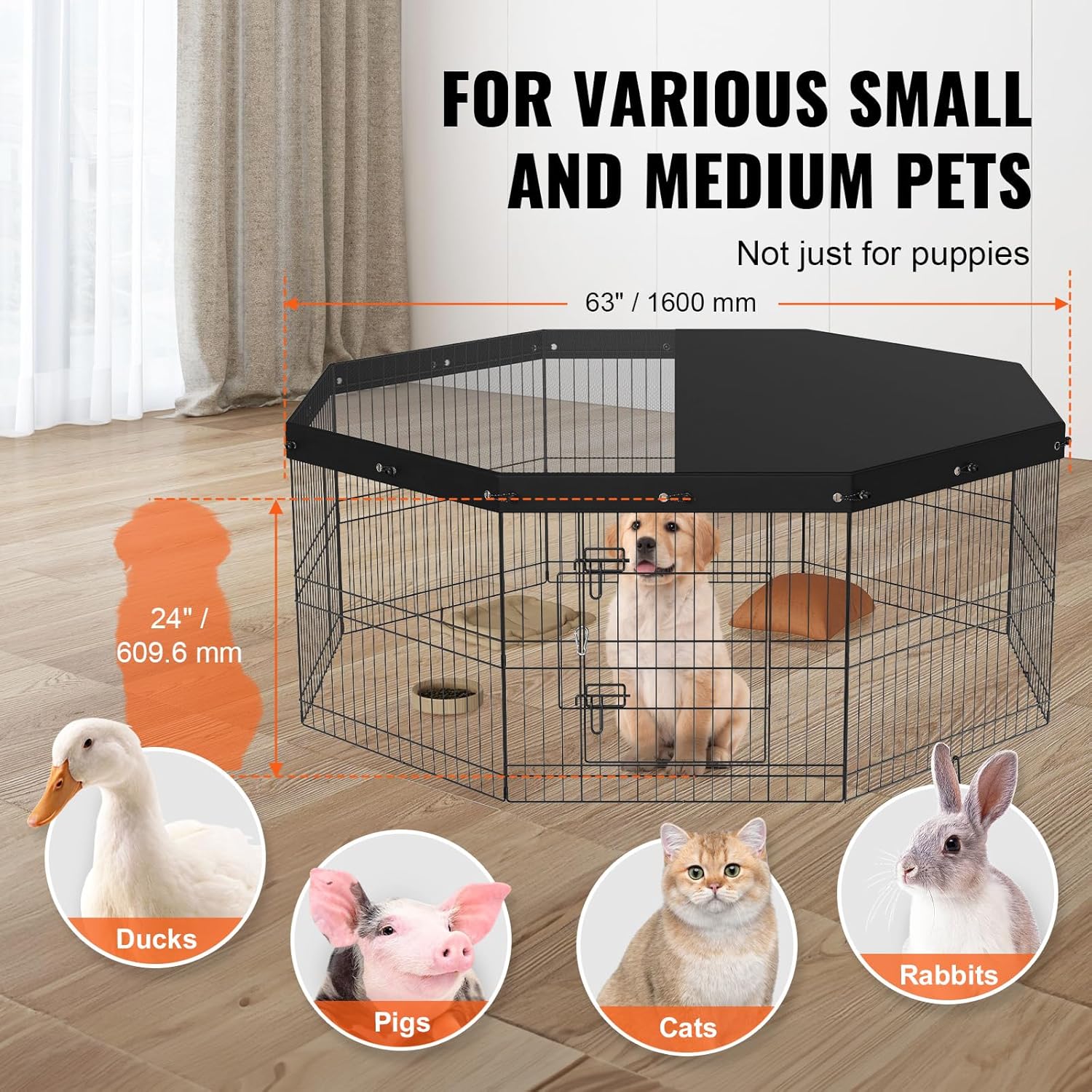 Foldable Metal Dog Exercise Pen, Pet Puppy Playpen Yard Fence with Top Cover & Door, Indoor Outdoor 8 Panels 24" W x