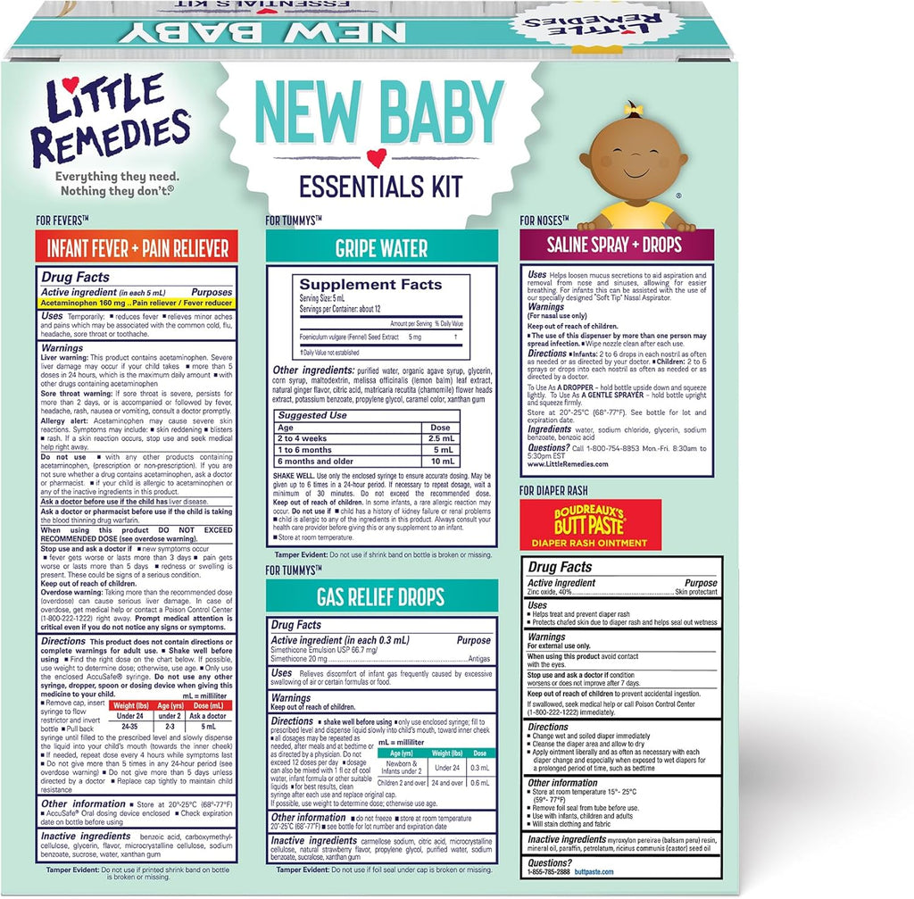 New Baby Essentials Kit with Saline Nasal Spray, Diaper Rash Cream, Gas Relief Drops, Gripe Water & More, Safe for