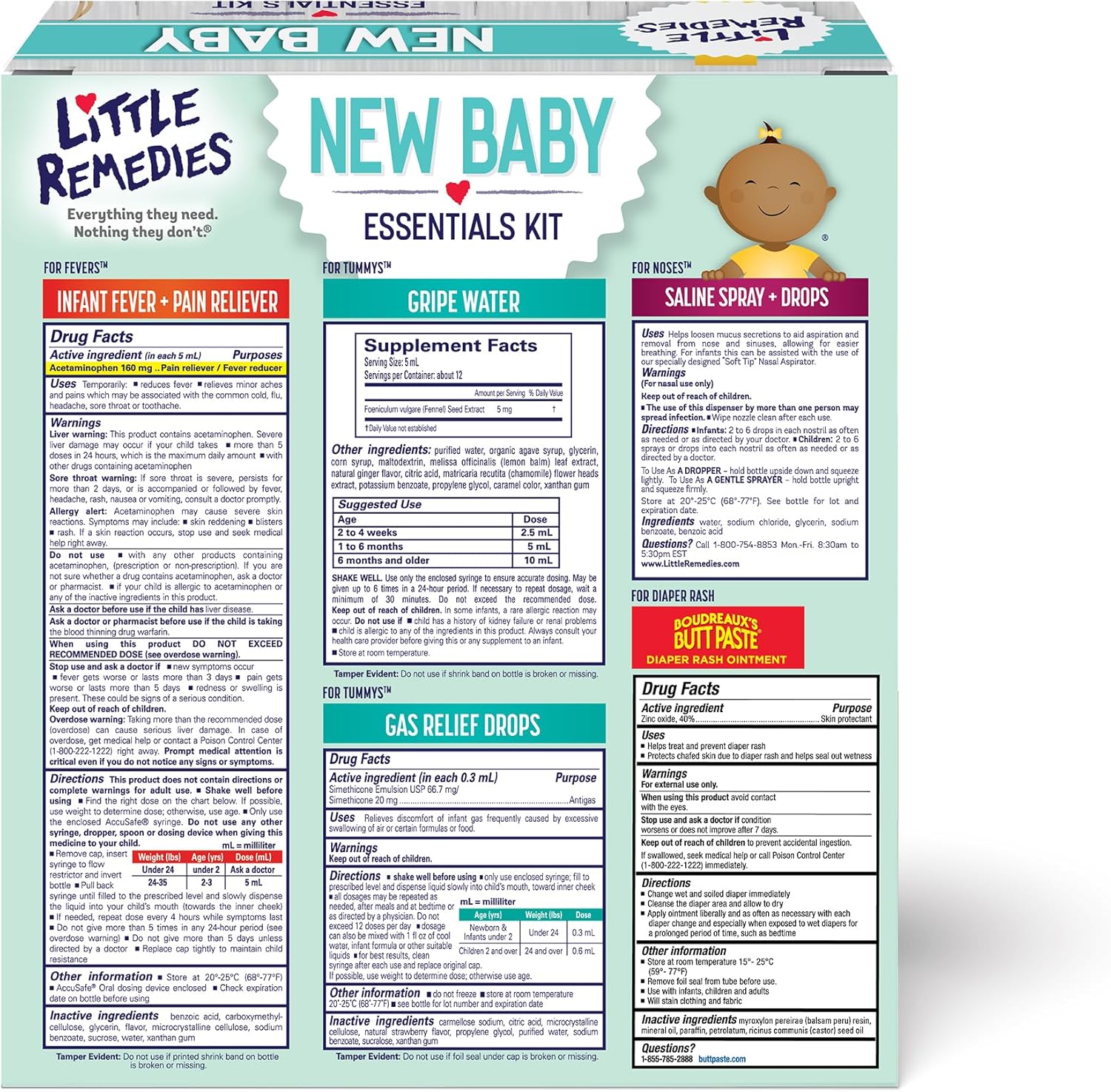 New Baby Essentials Kit with Saline Nasal Spray, Diaper Rash Cream, Gas Relief Drops, Gripe Water & More, Safe for