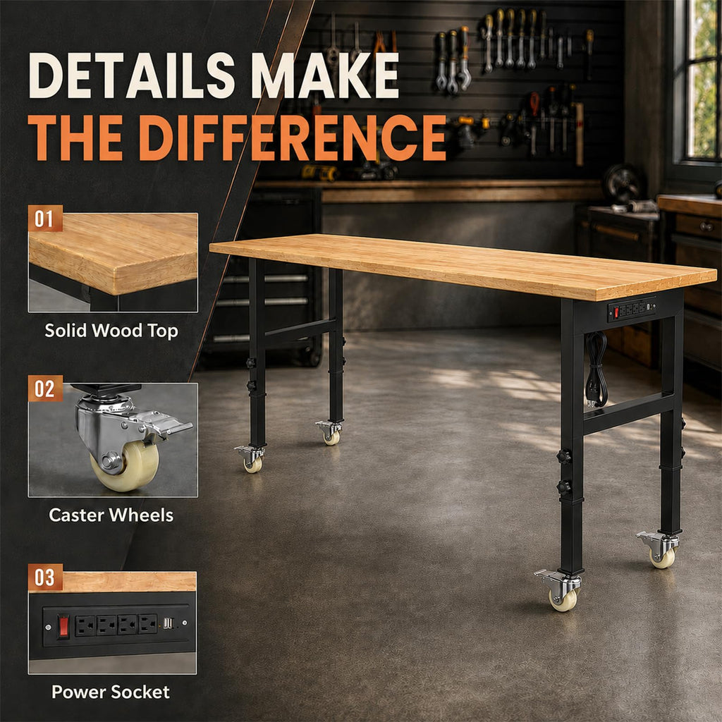 60" Rolling Workbench with Power Outlet, Solid Wood Heavy-Duty Work Bench