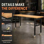 60" Rolling Workbench with Power Outlet, Solid Wood Heavy-Duty Work Bench