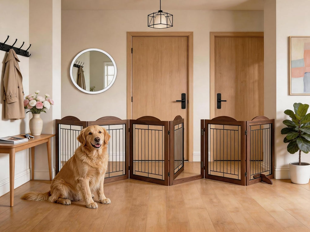 Folding No-Assembly Dog Door Pet Gate 144" Wide, 30" Tall Wooden Dog Gate with Door Walk Through, Freestanding Wire