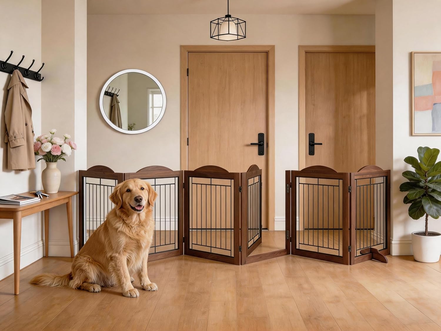 Folding No-Assembly Dog Door Pet Gate 144" Wide, 30" Tall Wooden Dog Gate with Door Walk Through, Freestanding Wire