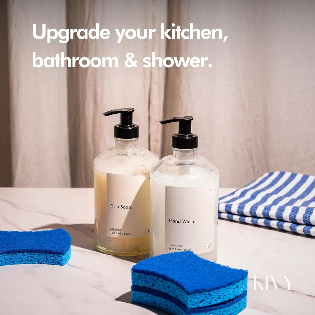 Glass Soap Dispenser Set [INCL. Waterproof Labels] - Glass Soap Dispenser with Pump - Hand Soap and Dish Soap Set