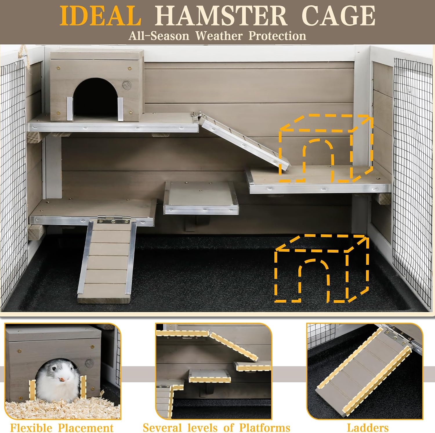 Wooden Hamster Cage Indoor with Stand and Storage Shelf, 3-Tier Small Animal Habitat with Clear Front Window