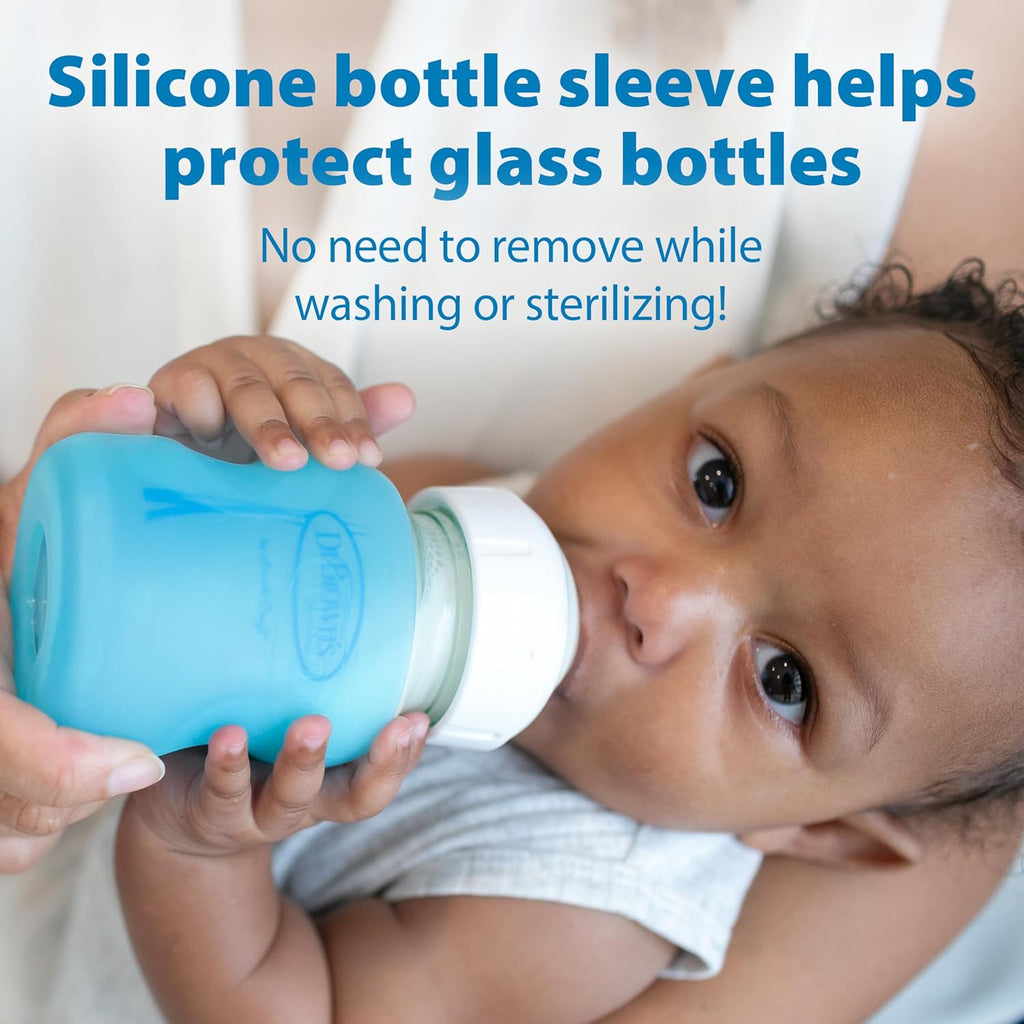 Anti-Colic Options+ Wide-Neck Glass Baby Bottle Starter Set with 100% Silicone Bottle Sleeves, Level 1, 2, and 3