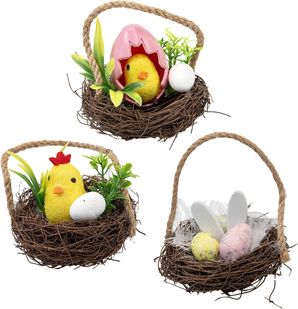 Easter Bunny Basket Decoration with Flowers, Woven Jute Basket with Handle, Spring Decor with Pastel Eggs(3D)