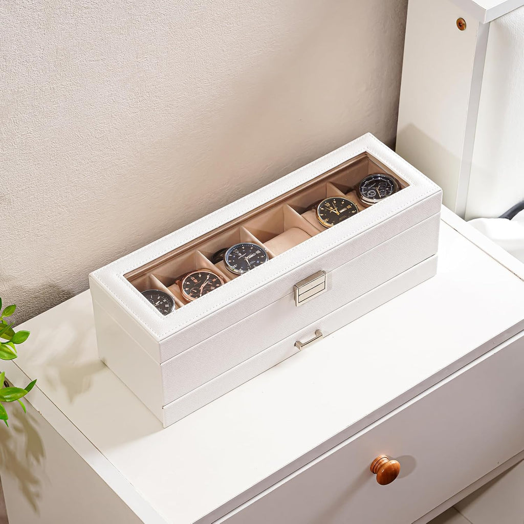 Watch Box, 6 Slot Watch Display Case with Drawer -White | Mens Watches Case with Glass Lid, 2-Layer Mens Jewelry