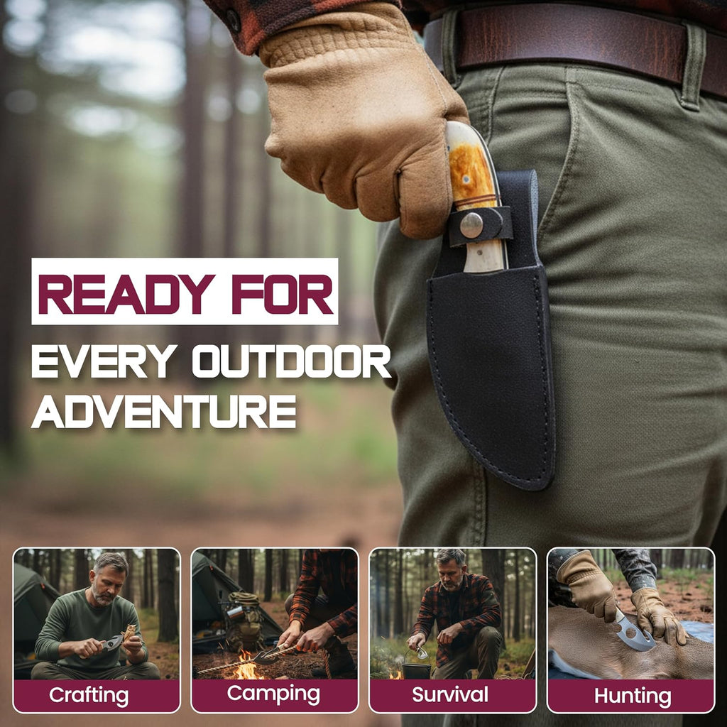 Full Tang Hunting Knife with Bone Handle | Fixed Blade Knife with Gut Hook | Skinning Knife for Camping, Outdoor