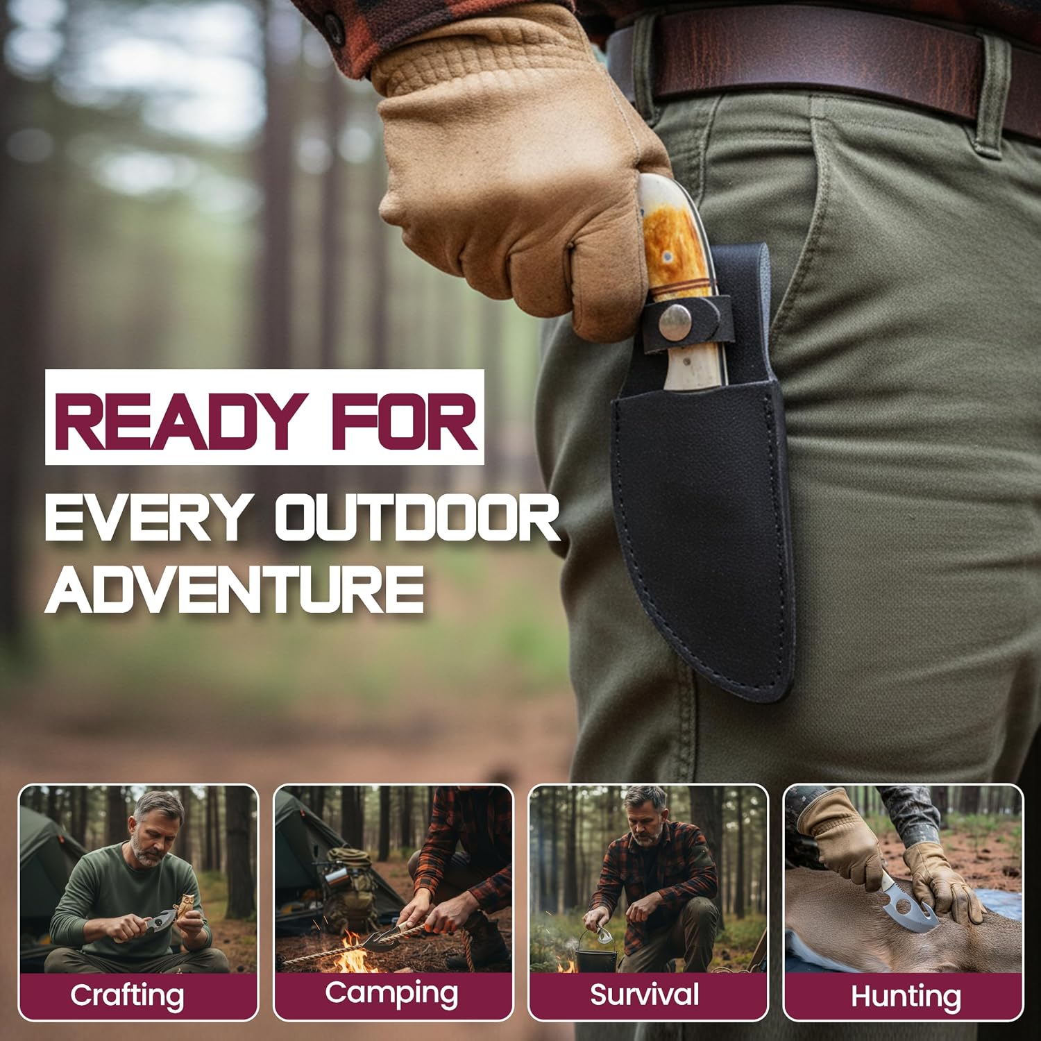 Full Tang Hunting Knife with Bone Handle | Fixed Blade Knife with Gut Hook | Skinning Knife for Camping, Outdoor