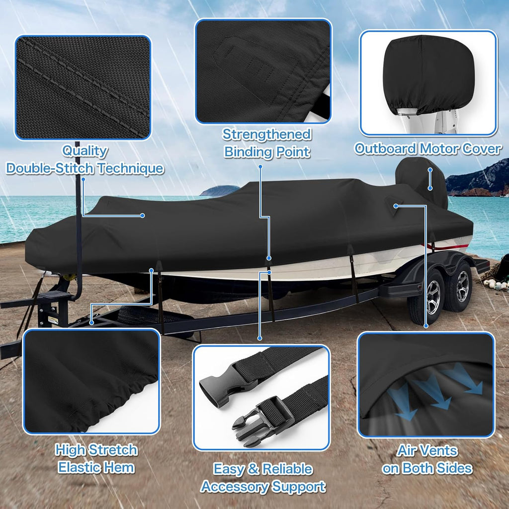 14-16FT Bass Boat Cover with Motor Cover, 1200D PU Waterproof Trailerable | Marine Grade Oxford Fabric, UV & Tear