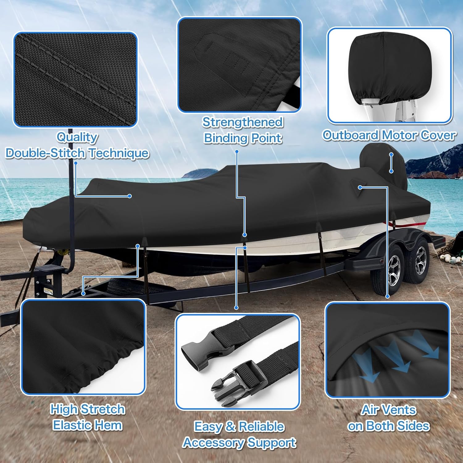 14-16FT Bass Boat Cover with Motor Cover, 1200D PU Waterproof Trailerable | Marine Grade Oxford Fabric, UV & Tear