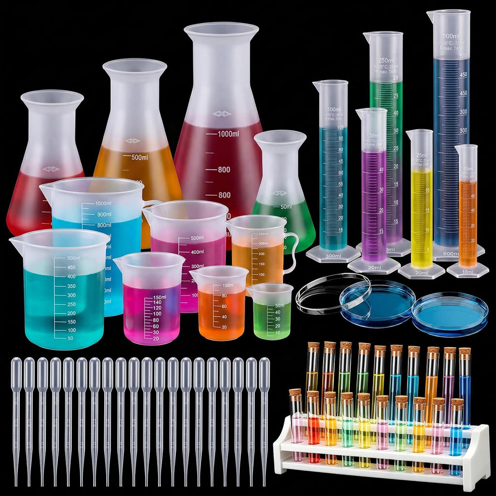 60 pcs Beakers and Test Tubes Set Include 6 Graduated Cylinder 7 Beakers 4 Flask 20 Droppers 20 Test Tubes with Rack