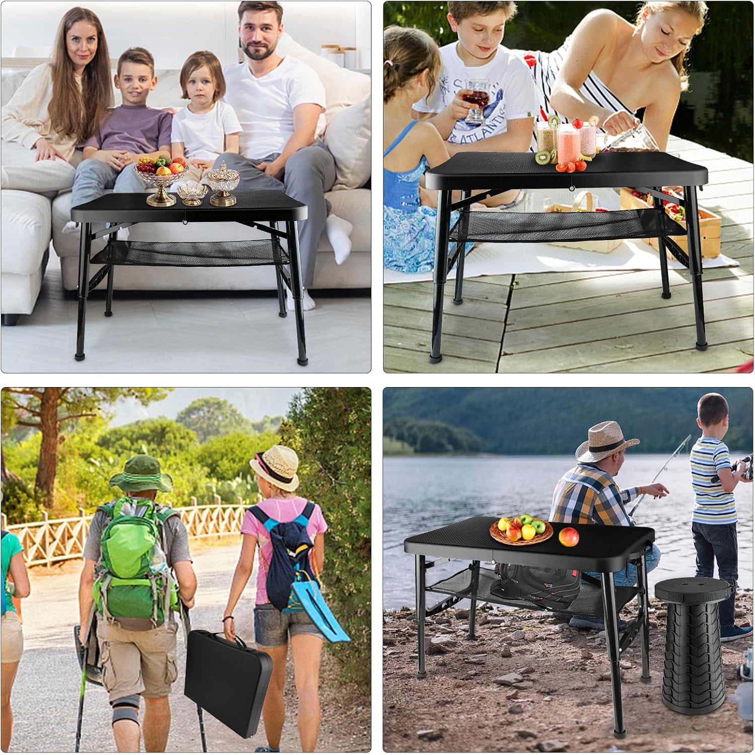 Folding Table and Stool, Small, Black, 4 Foot Outdoor Portable Table, Adjustable Height, Camping, Picnic, RV Table