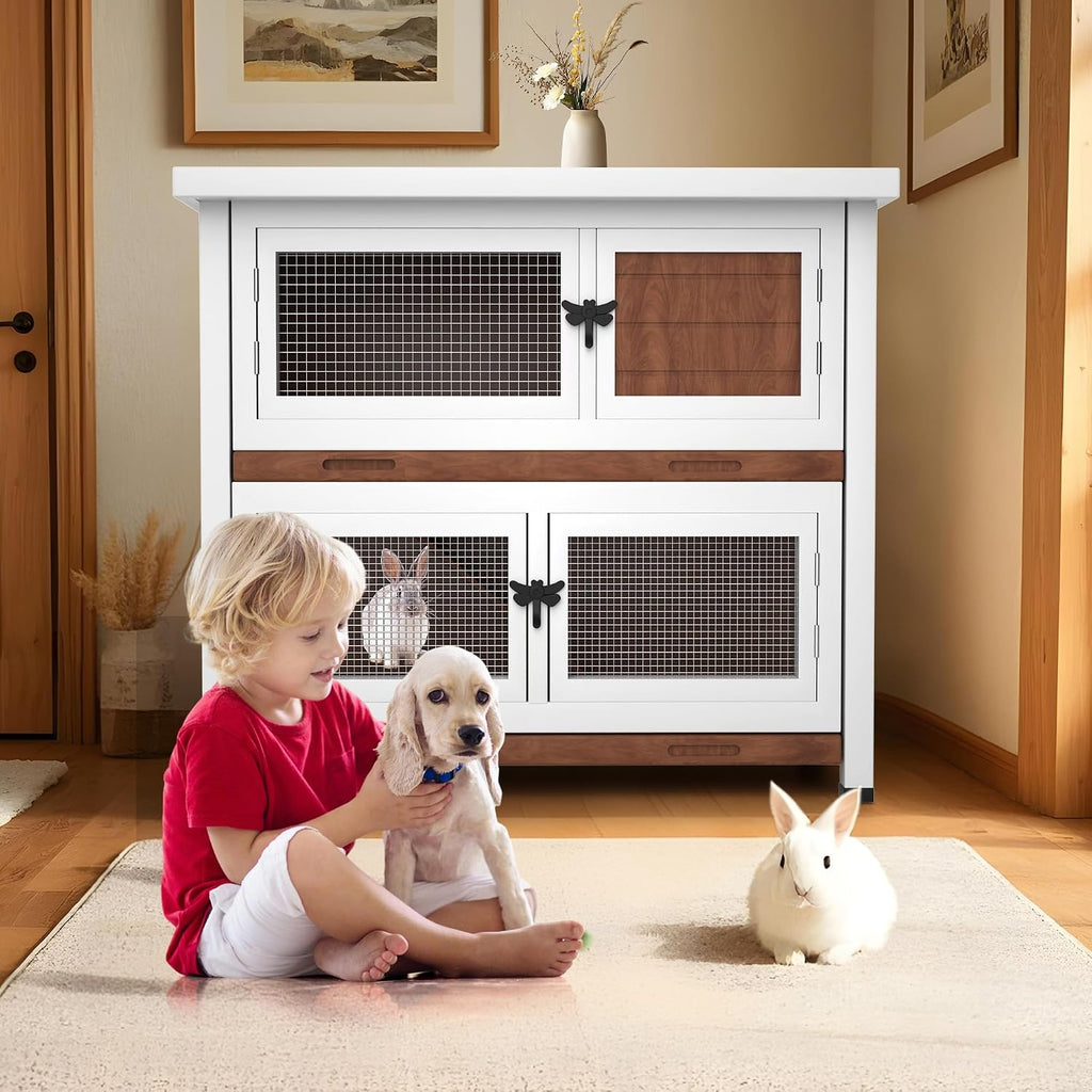 2 Story Rabbit Hutch, Indoor Outdoor Bunny Hutch Solid Wood Rabbit Cage with Removable Trays, Waterproof Asphalt