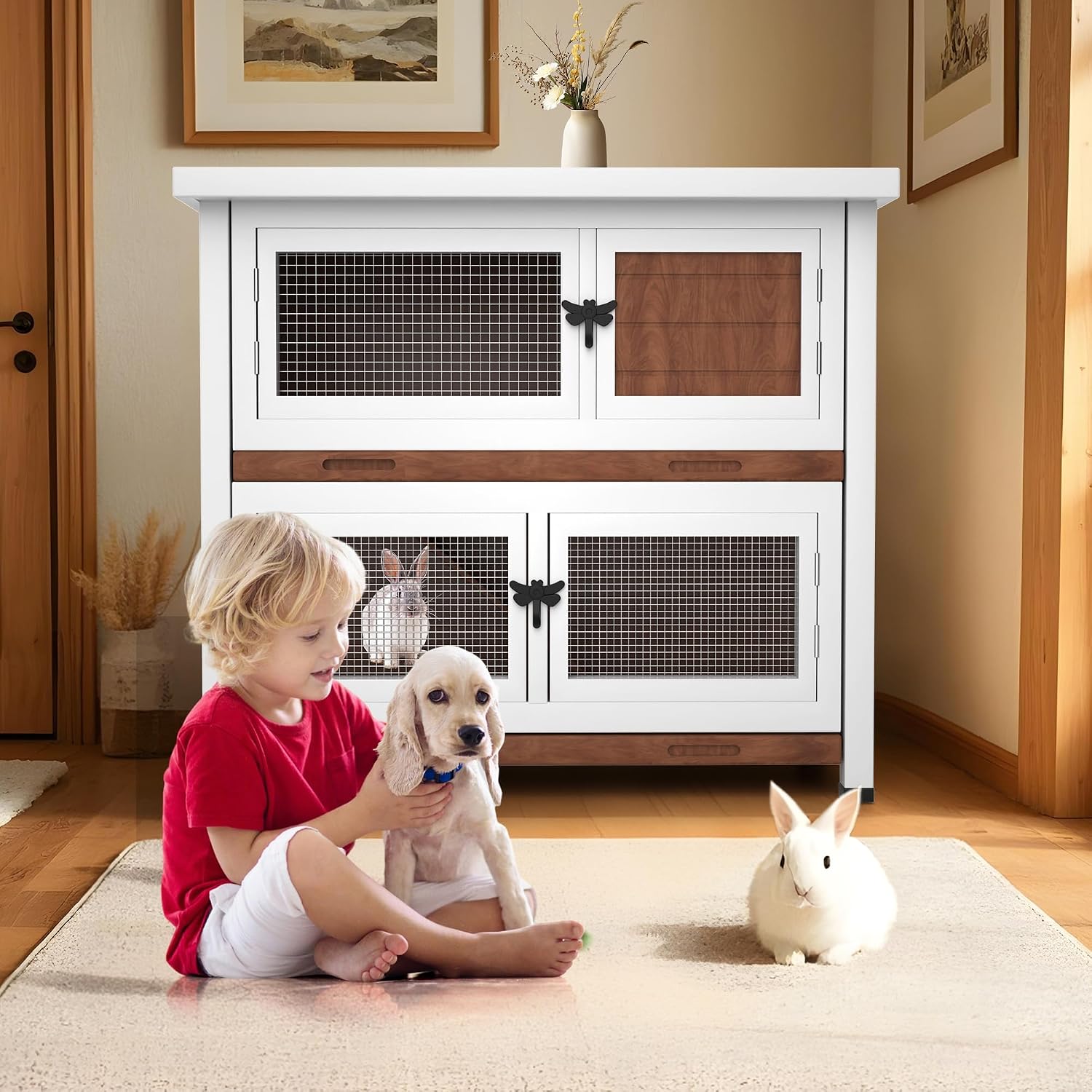 2 Story Rabbit Hutch, Indoor Outdoor Bunny Hutch Solid Wood Rabbit Cage with Removable Trays, Waterproof Asphalt