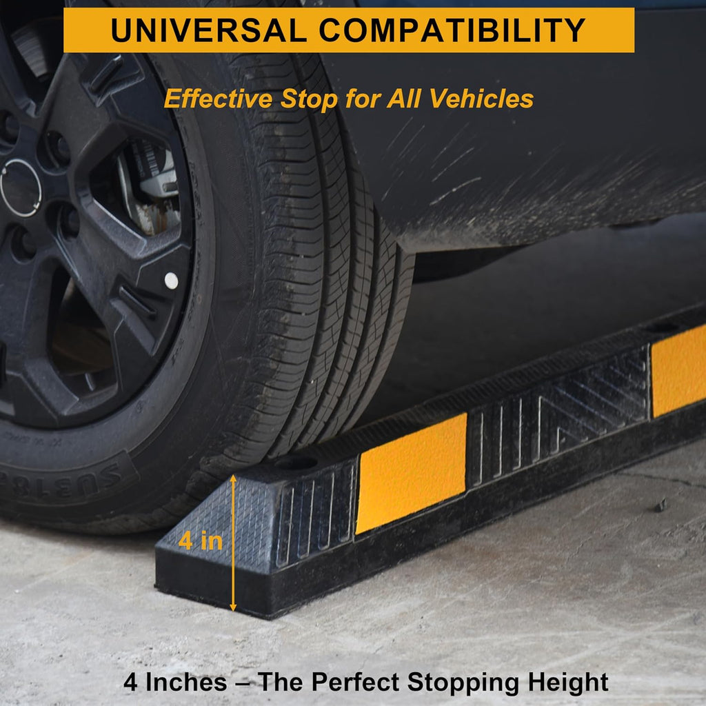 4 Pack 72" Rubber Parking Curbs | Heavy Duty Garage Floor Wheel Stopper with Yellow Reflective Stripes for Car