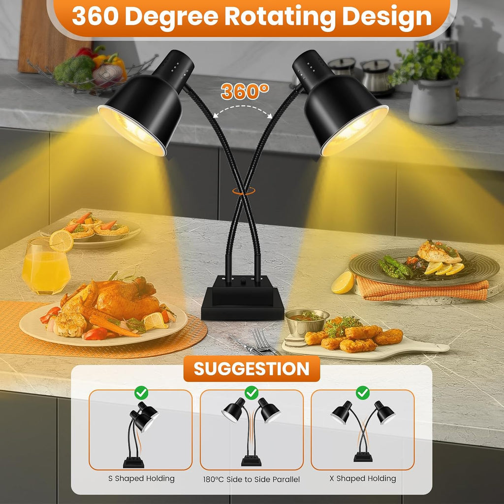 Food Heat Lamp, Commercial Food Warmer 250W Dual Head Heat Lamp for Food, Stainless Steel Catering Food Warming Lamp