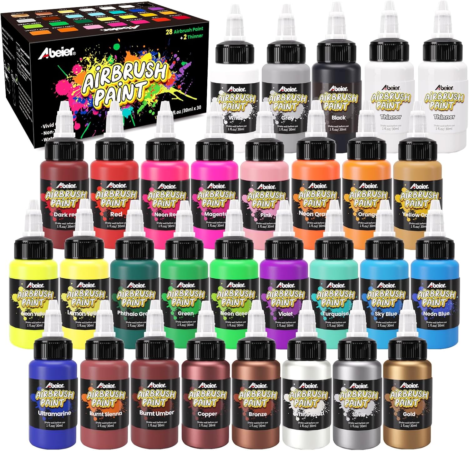 Airbrush Paint Set, 28 Colors x 1 oz with 2 Thinners, Ready Spray | Non-Toxic, Water-based acrylic formula, smooth