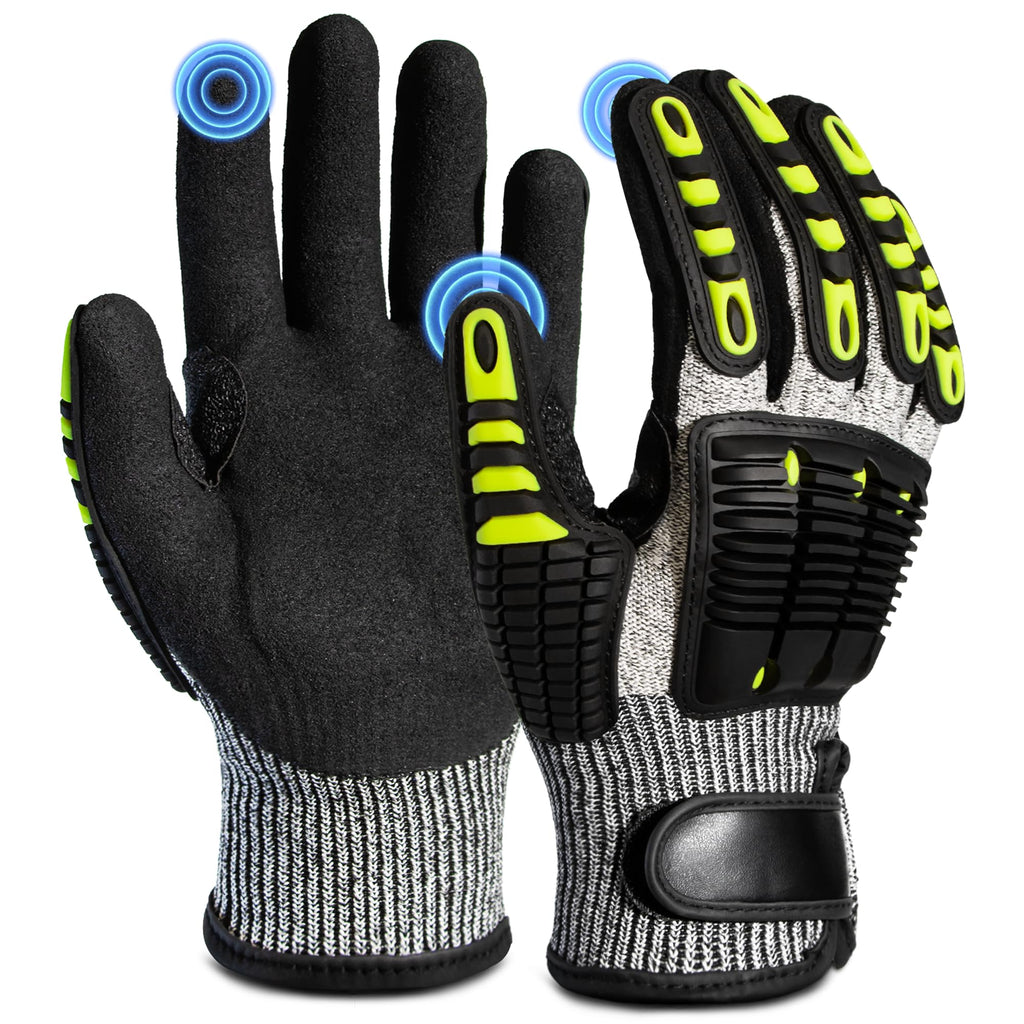 Impact Work Gloves for Men - ANSI Cut Level A5 with TPR Knuckle Guards & Shock Absorption, Nitrile Coated Palm for