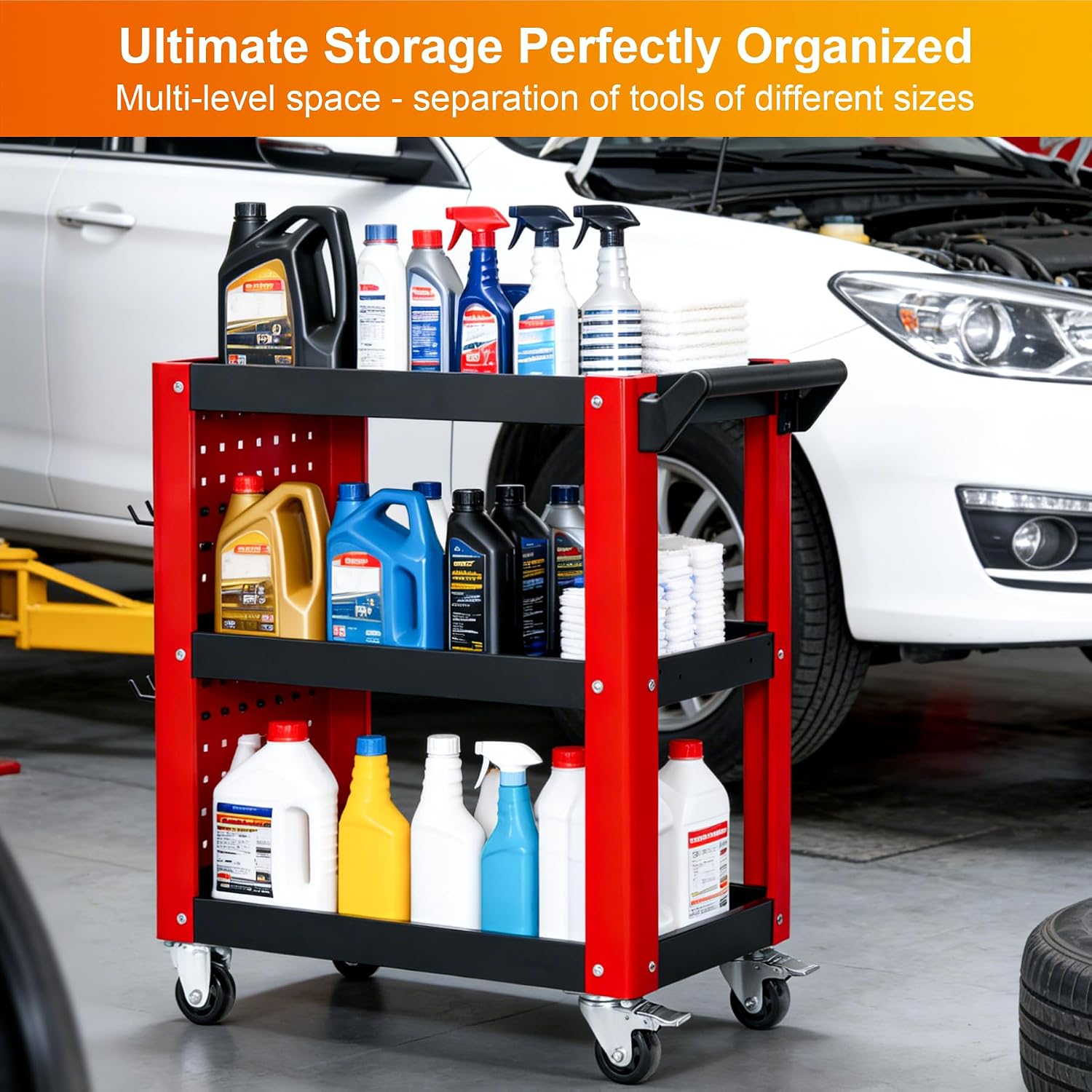 3 Tier Rolling Tool Cart, Red and Black Load Capacity of 1000 LBS | On Wheels, Mechanic Storage Organizer, With Pegboard