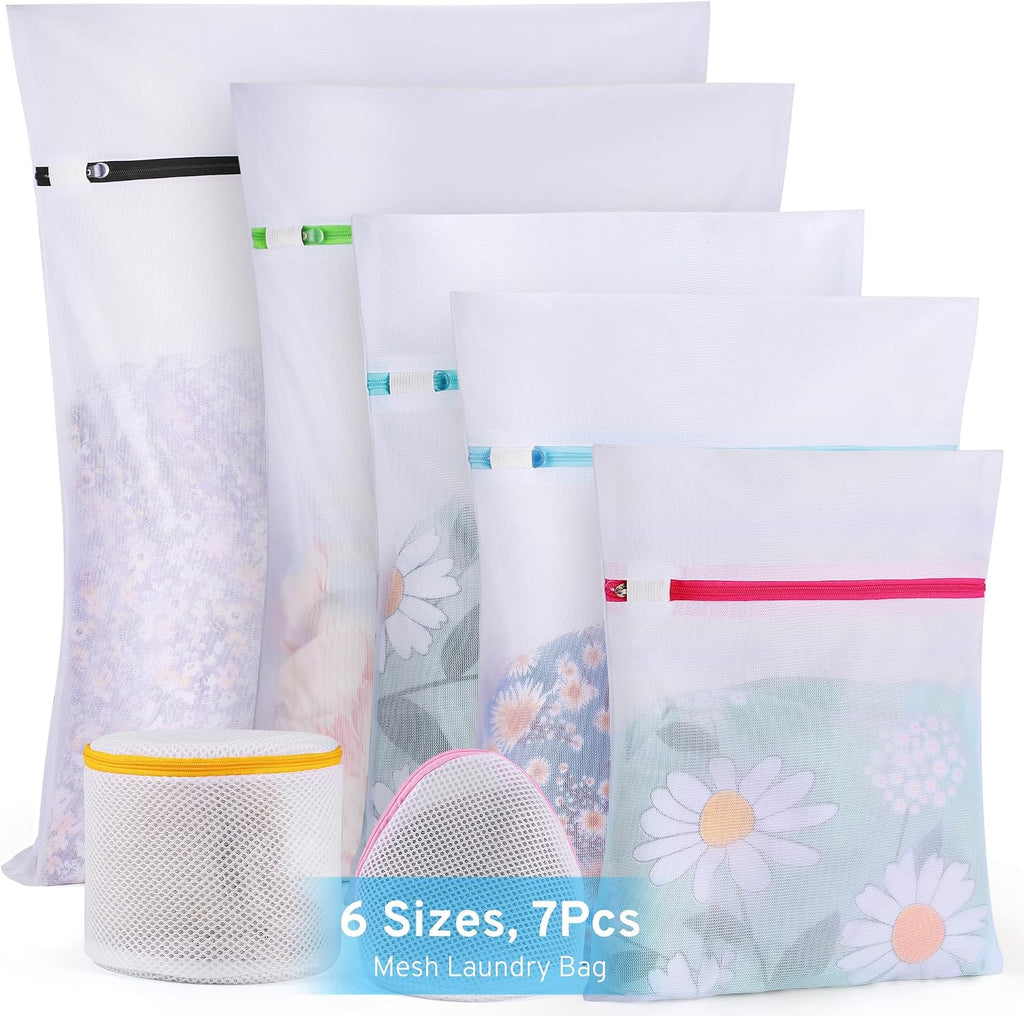 Ultimate 7 Pack 6 Size Mesh Laundry Bags Set for Delicates with AUTO-Lock Zipper, Lingerie Bags for Washing