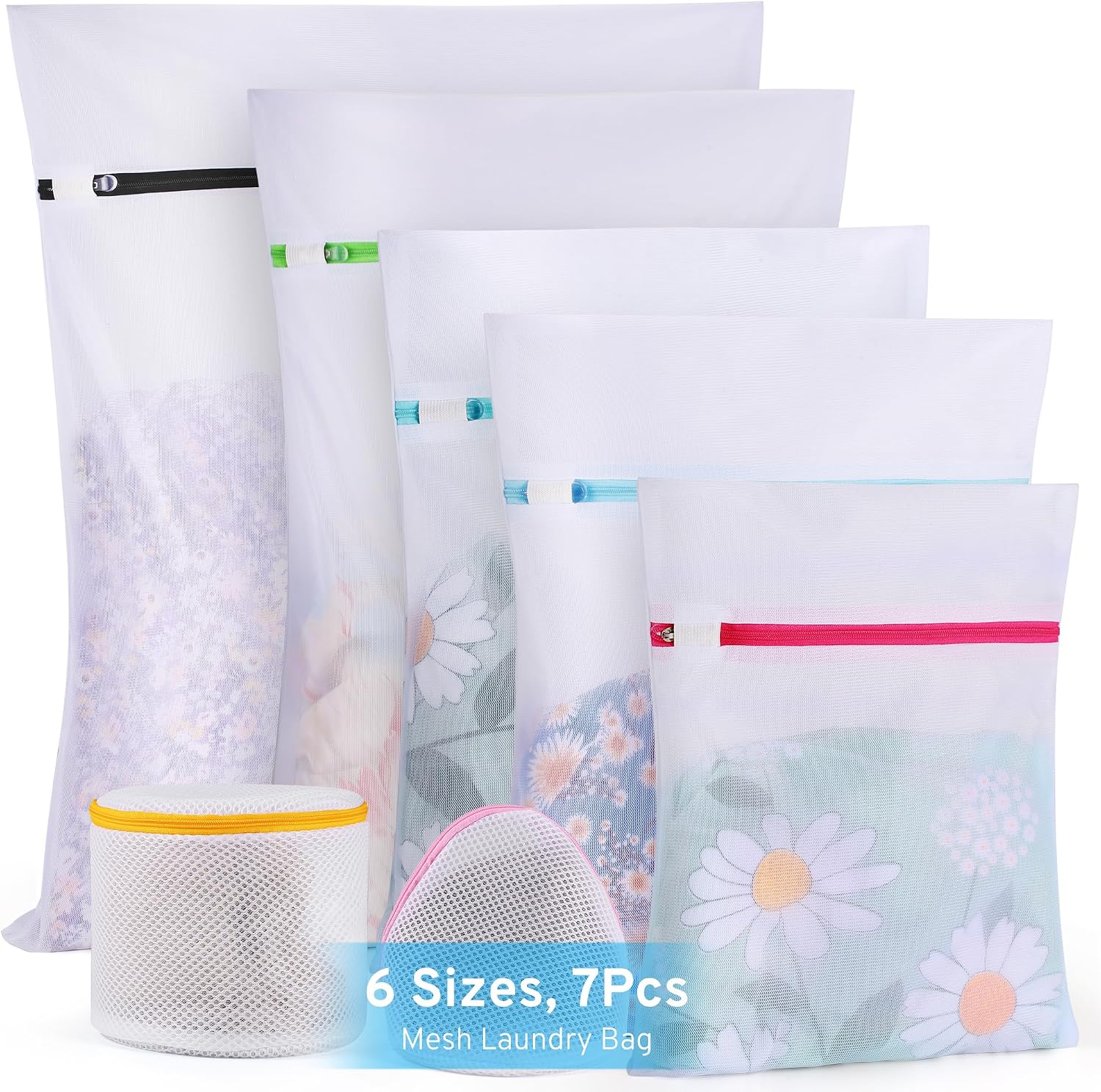 Ultimate 7 Pack 6 Size Mesh Laundry Bags Set for Delicates with AUTO-Lock Zipper, Lingerie Bags for Washing