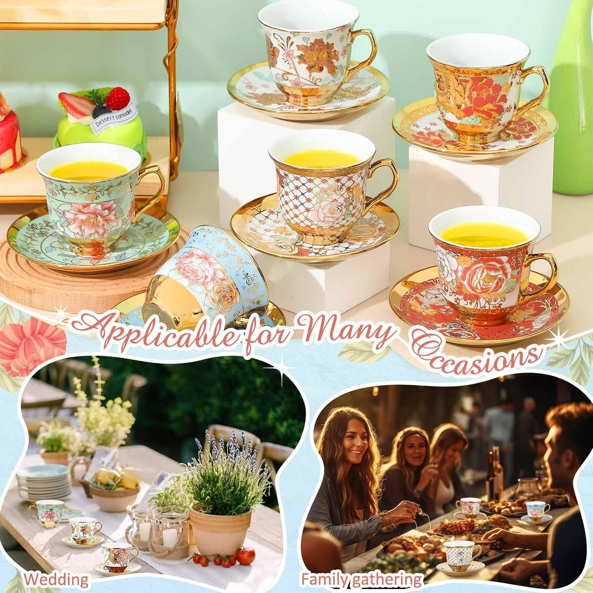Set of 18 Tea Cups and Saucers, Stylish Style, 5.4 oz