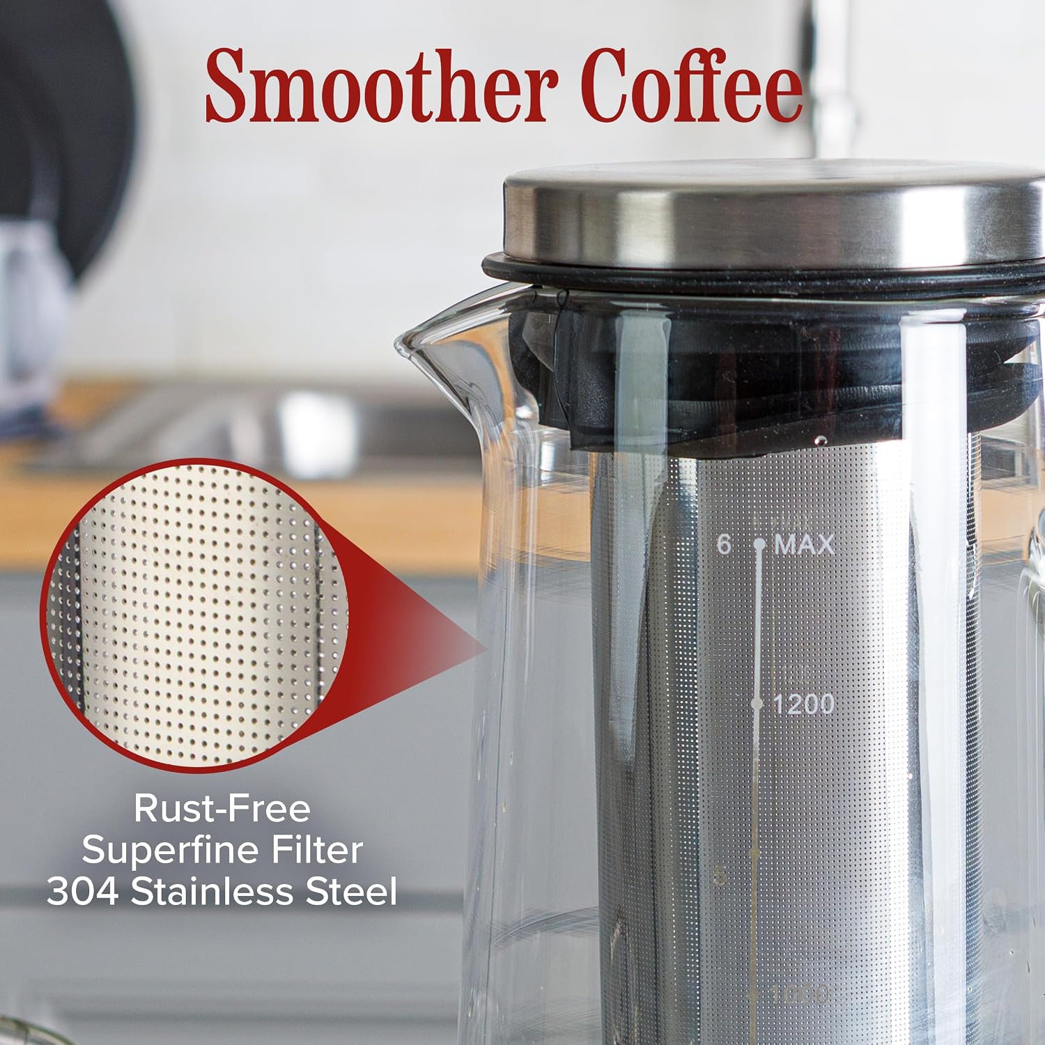 Cold Brew Coffee Maker Pitcher - 1.4L/48oz Glass Carafe with Lid and Spout and Removable Stainless Steel Filter