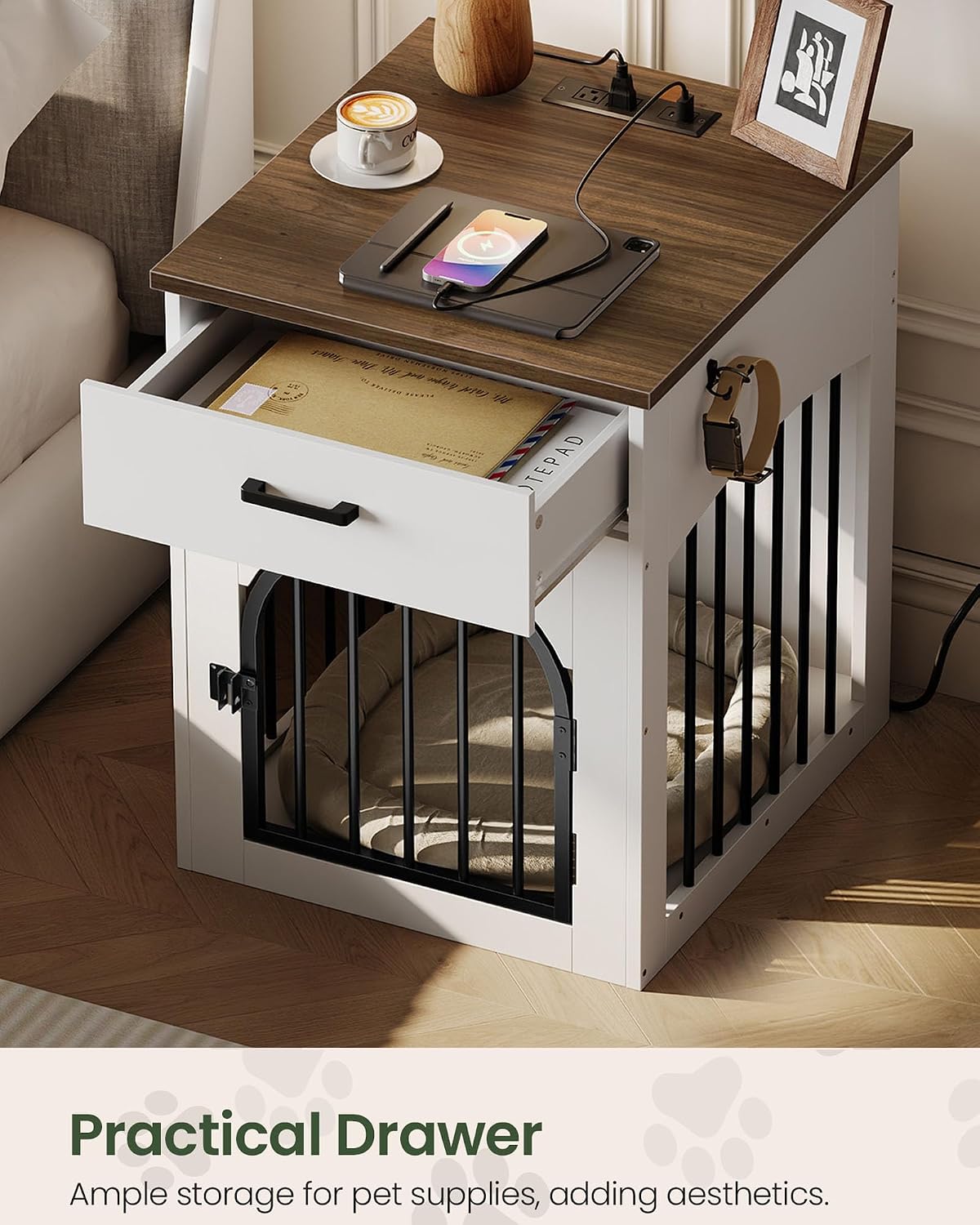 Dog Crate Furniture, Wooden Dog Kennel with Charging Station and Storage Drawer, Indoor Pet Crate End Table for Small