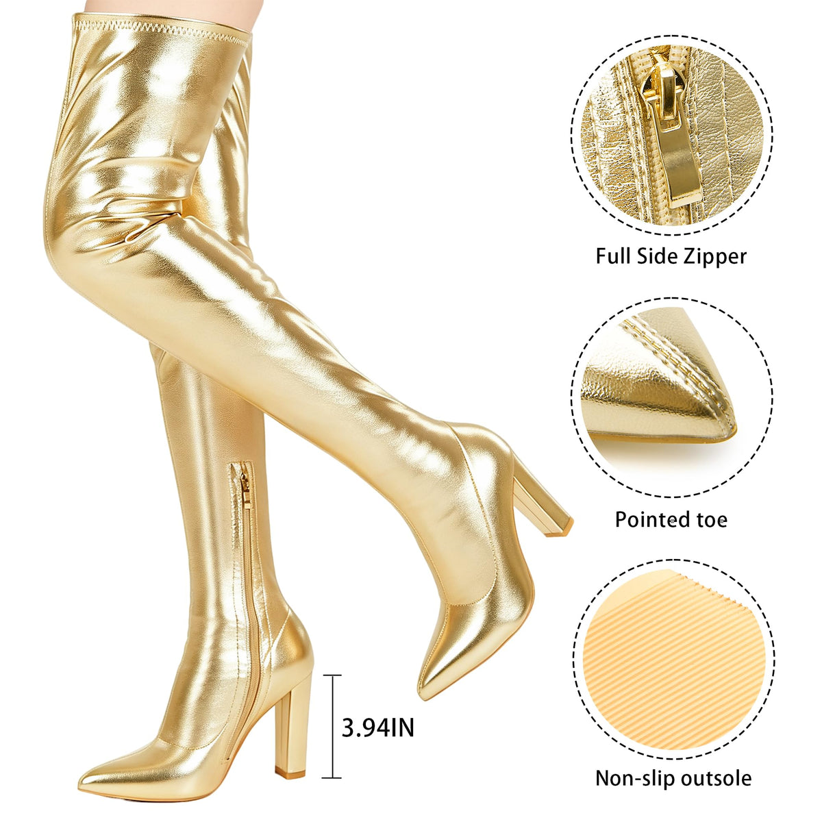 Women's Thigh High Boots Pointed Toe Chunky Heel Over-the-Knee