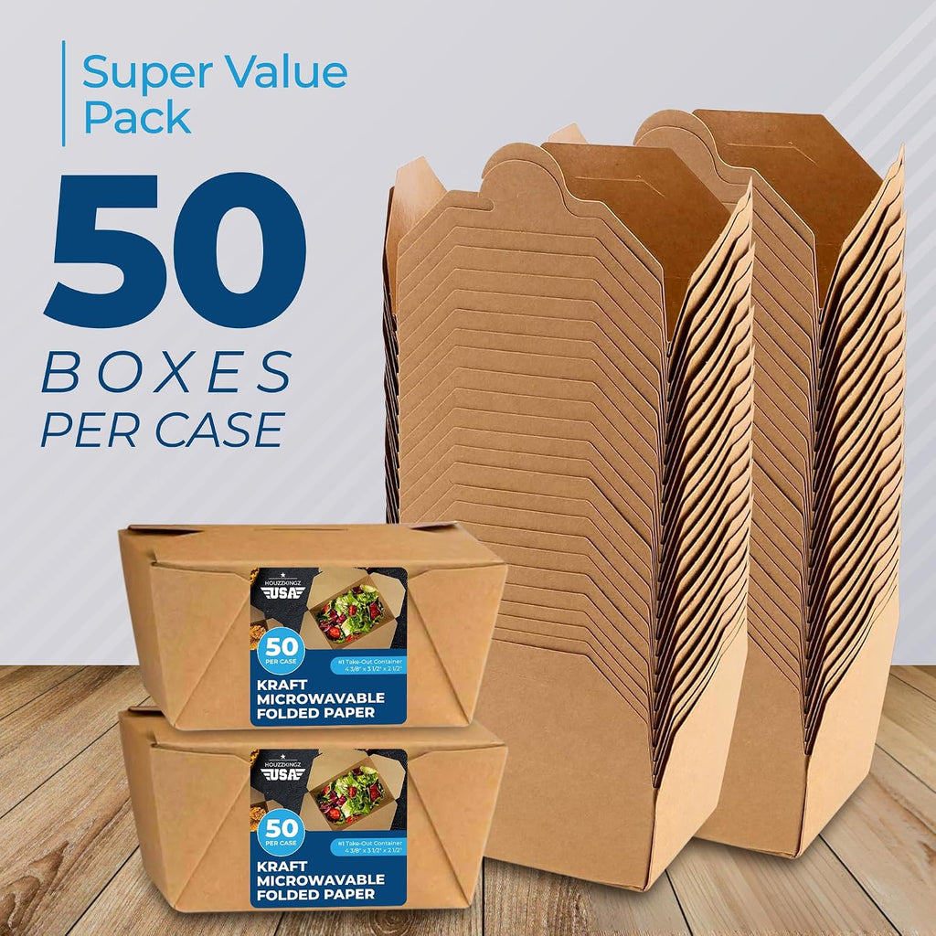 Paper To Go Boxes for Food [50 Pack - 30 Oz], Cardboard Take Out Food Containers Boxes | Kraft Fold Takeout Small