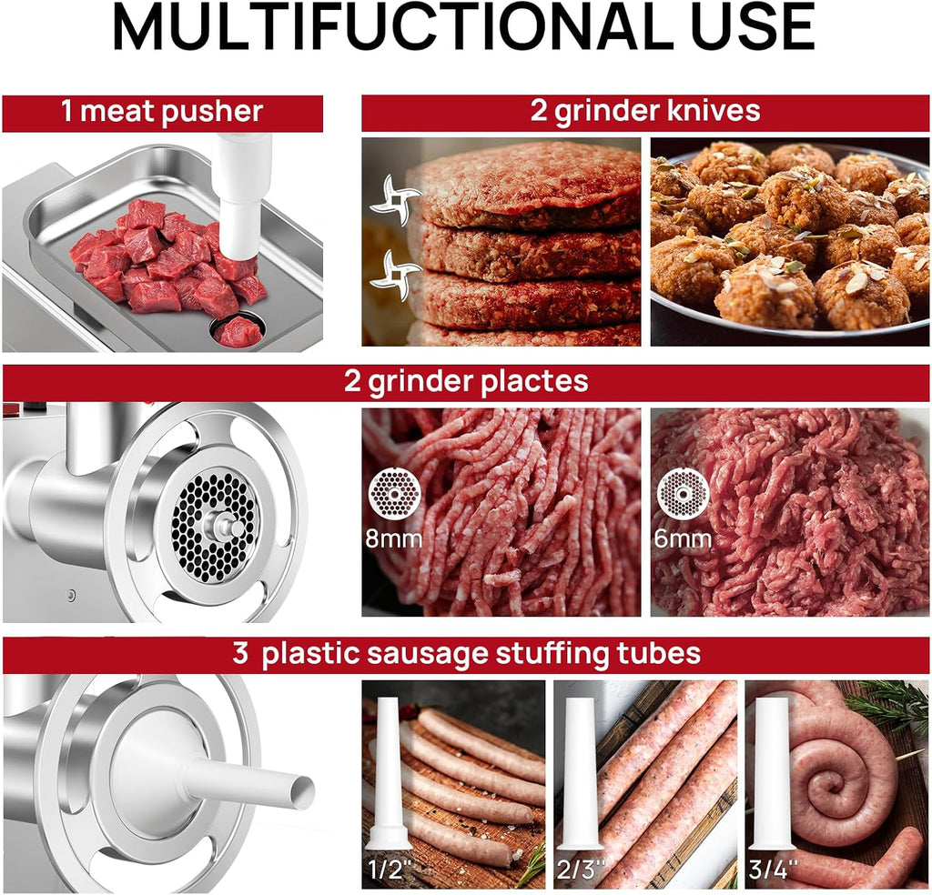 Commercial Electric Meat Grinder #22, 1.2HP Heavy Duty Stainless Steel Meat Mincer with 2 Blades, 2 Plates & 3