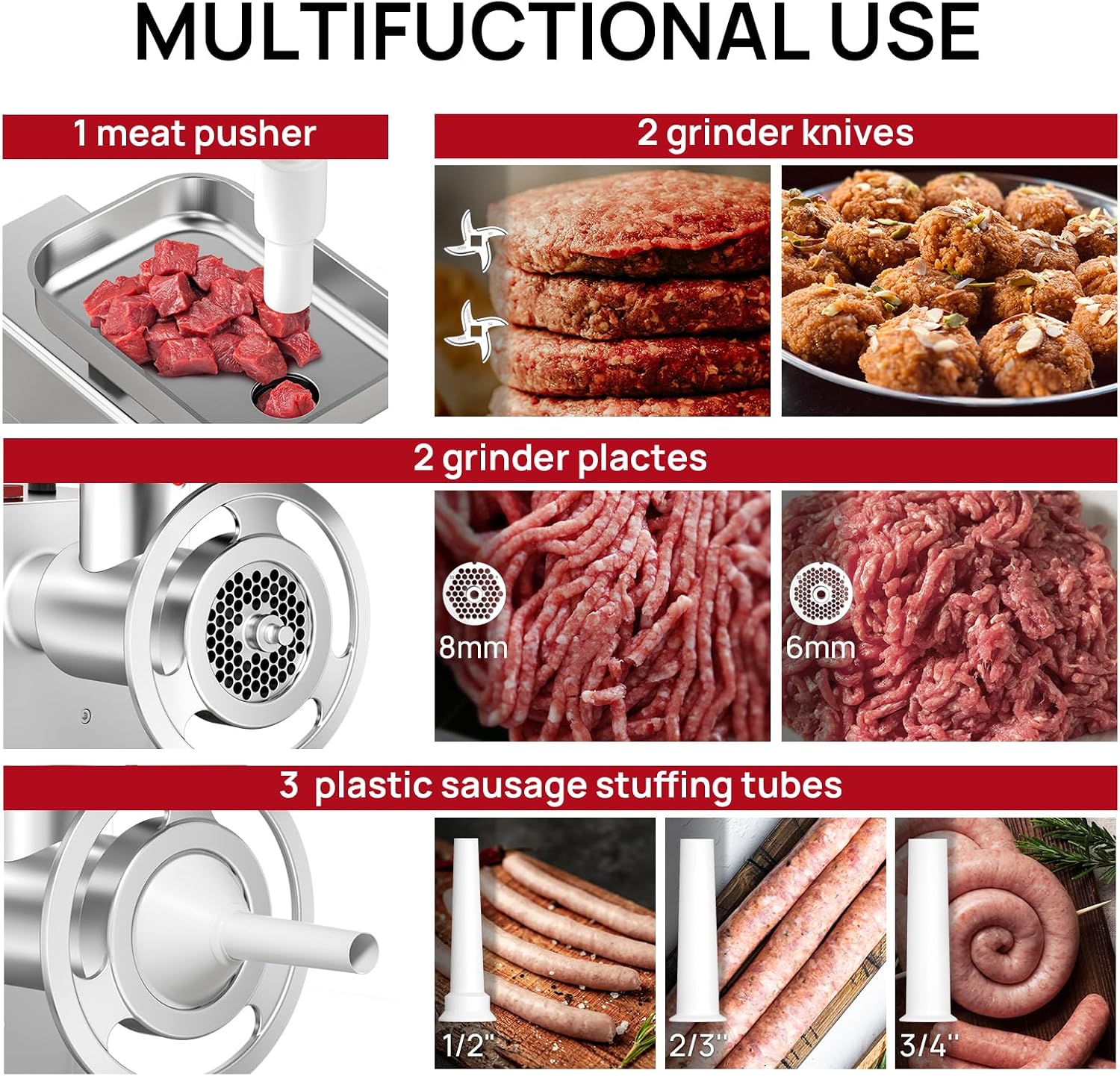 Commercial Electric Meat Grinder #22, 1.2HP Heavy Duty Stainless Steel Meat Mincer with 2 Blades, 2 Plates & 3