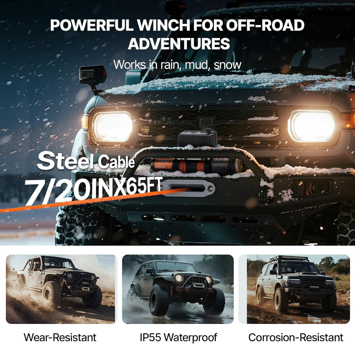 Electric Winch, 10,000 lb Truck Trailer Jeep Winch, 12V DC 7/20 in x 65 ft Synthetic Rope Aluminum Fairlead Wireless