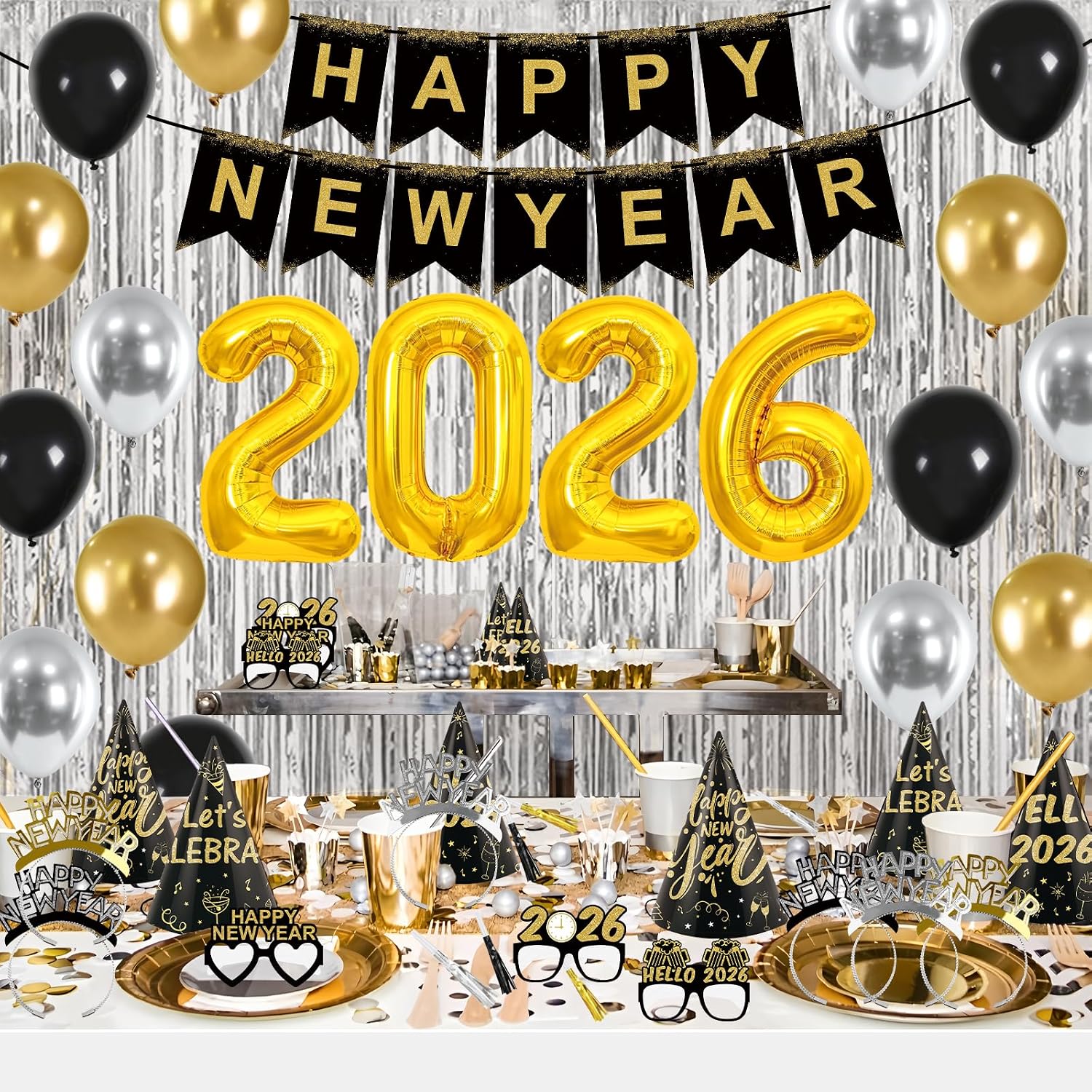 New Years Eve Party Supplies 2026 New Years Decorations Happy New Year Banner 2026 Balloons Hats Glasses Tiaras