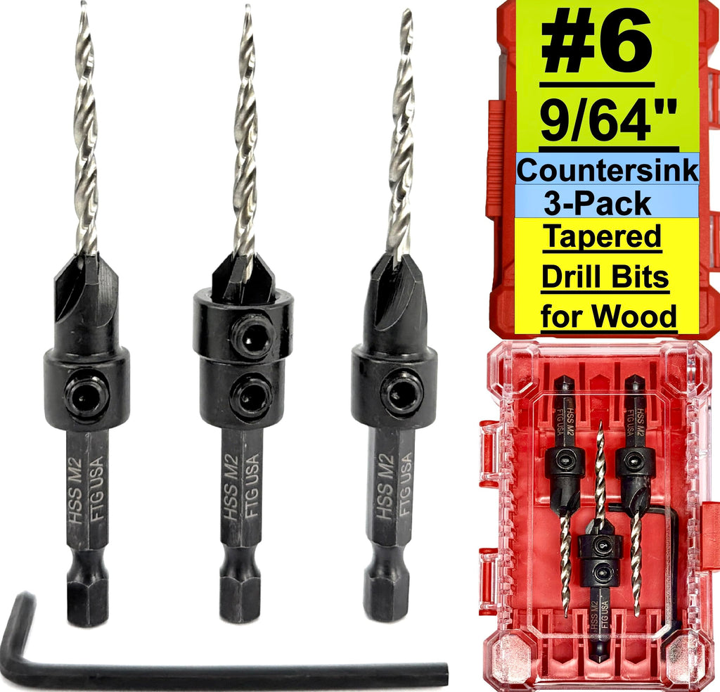 FTG USA 3-Pk #6 (9/64") Countersink Drill Bit Set, 1 Stop, 1 Wrench & Case