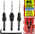 FTG USA 3-Pk #6 (9/64") Countersink Drill Bit Set, 1 Stop, 1 Wrench & Case