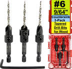 FTG USA 3-Pk #6 (9/64") Countersink Drill Bit Set, 1 Stop, 1 Wrench & Case