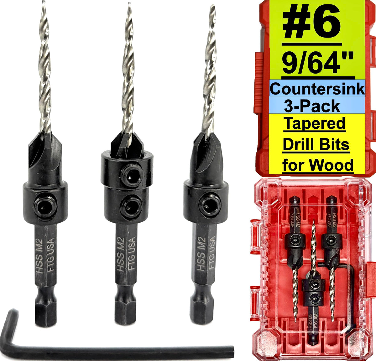 FTG USA 3-Pk #6 (9/64") Countersink Drill Bit Set, 1 Stop, 1 Wrench & Case