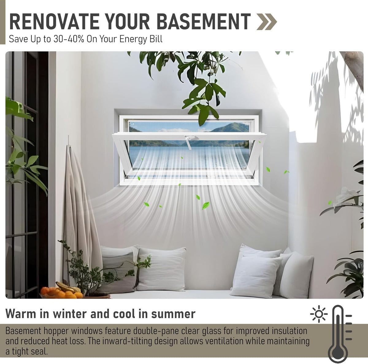Vinyl Hopper Basement Window 32" x 14" White