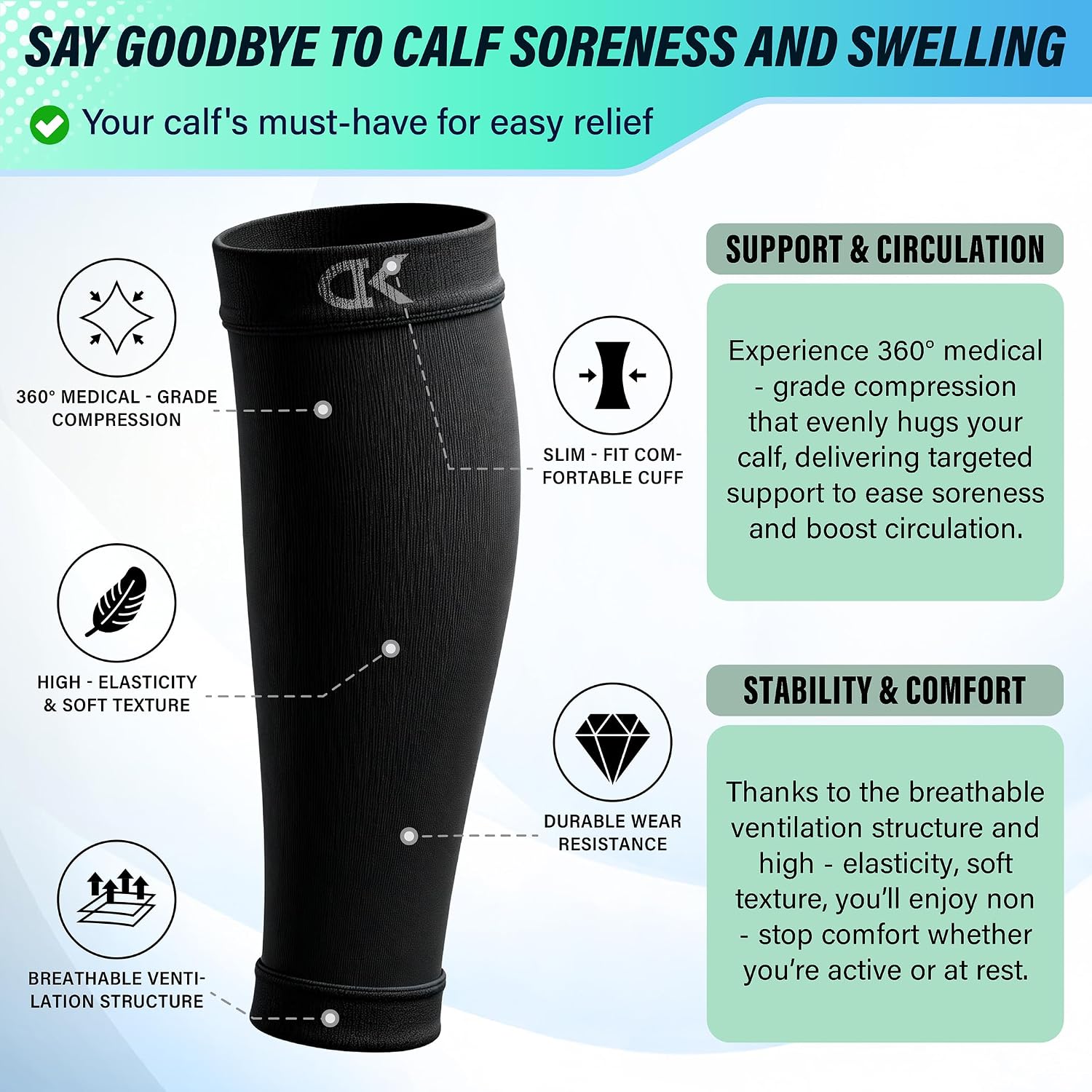 Calf Compression Sleeve for Women & Men Circulation (3 Pairs) 15-20 mmHg is Best Support for Running Cycling