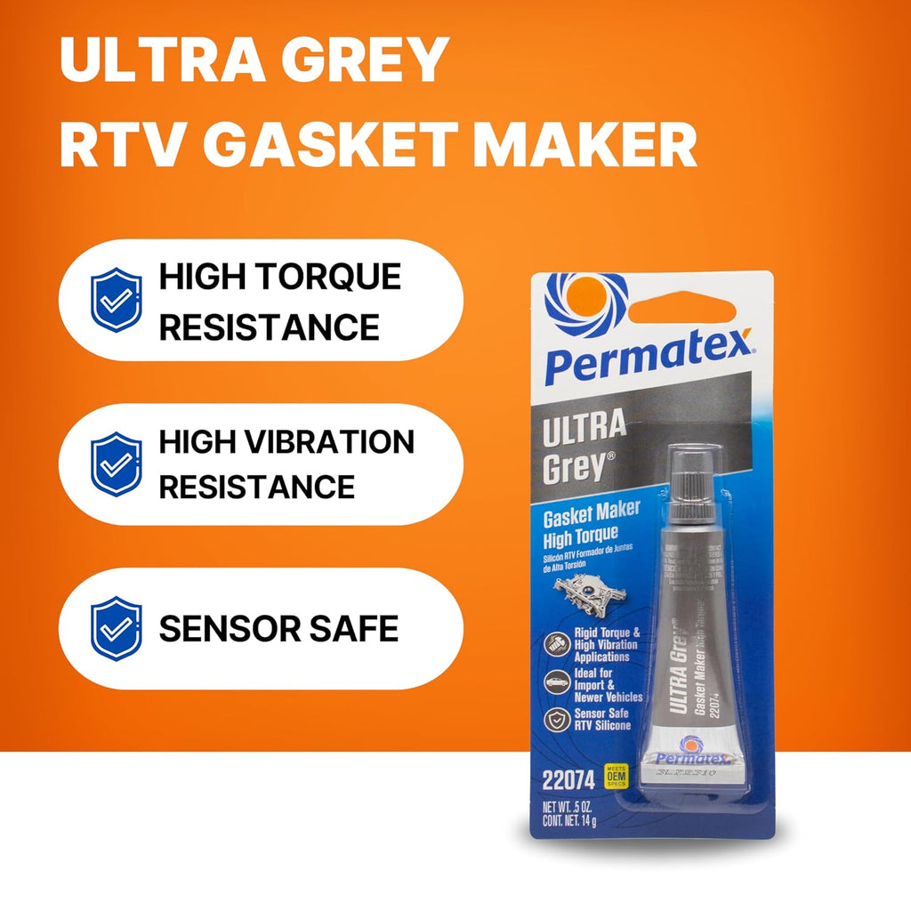 Permatex 22074 Ultra Grey Rigid High-Torque RTV Silicone Gasket Maker, 0.5 oz.