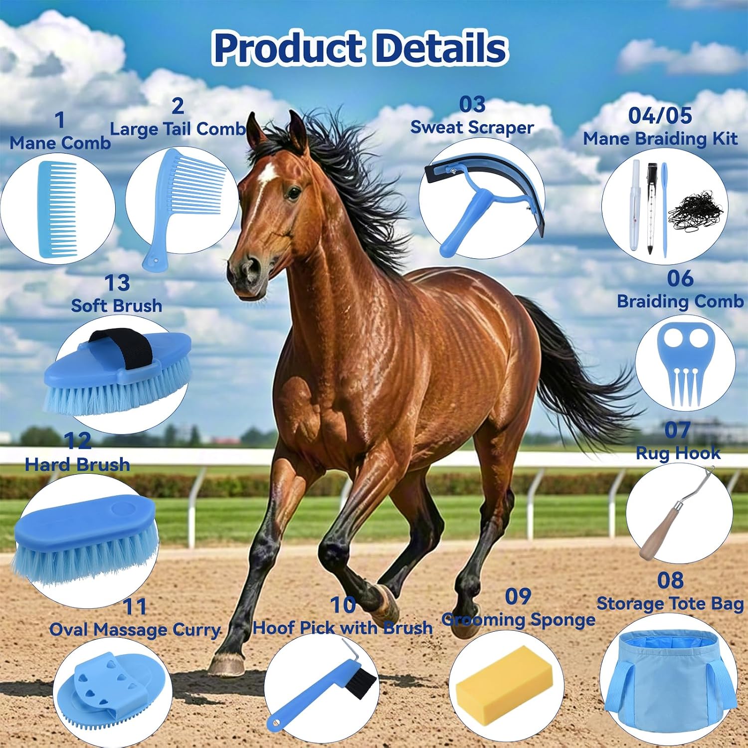 Horse Grooming Kit, 13-Piece Horse Brush Set with Organizer Bag Complete Care, Mane Braiding Kit, Brushes & Curry
