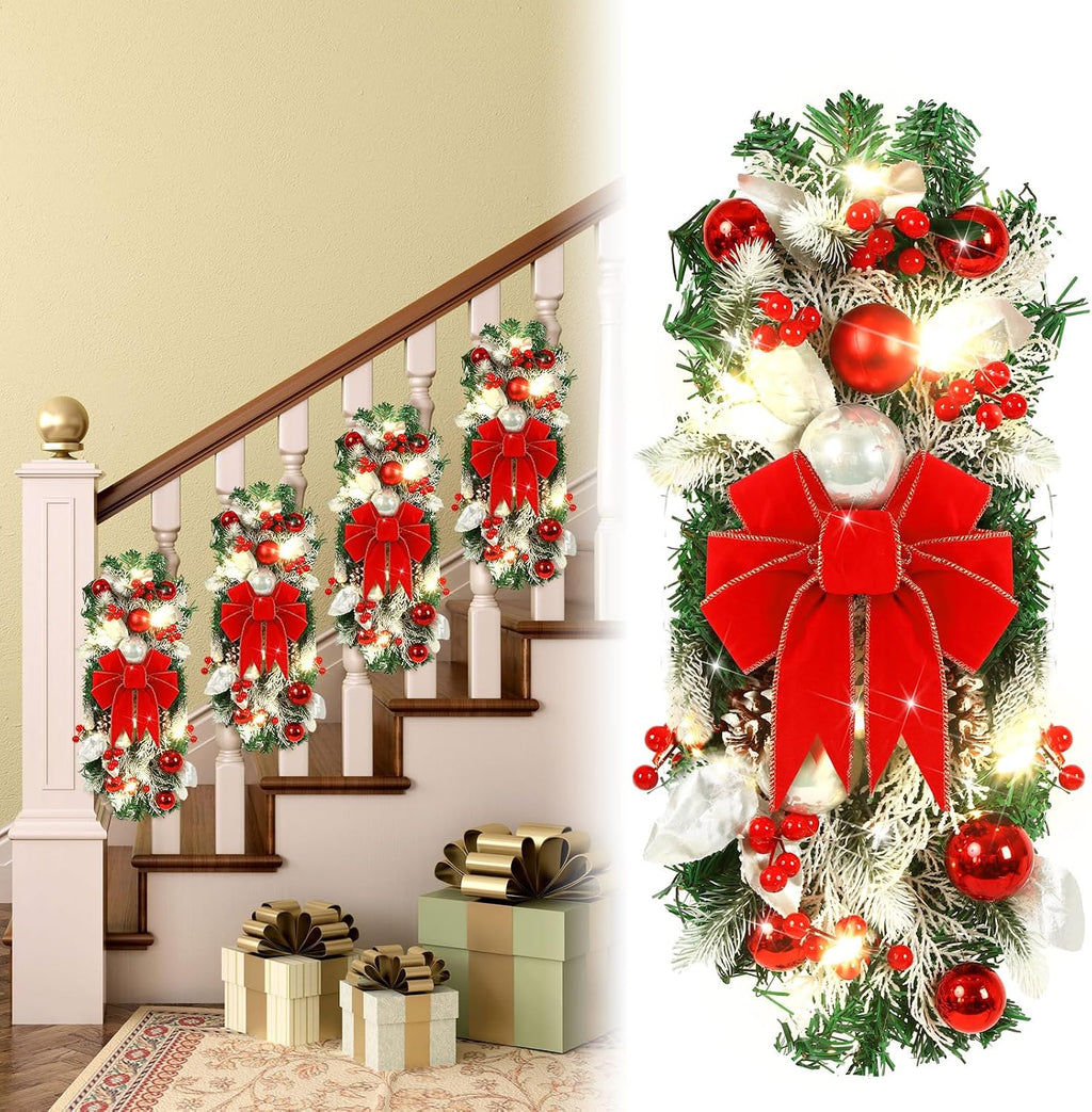 4 Pcs 19.7 Inches Light up Christmas Stair Swags LED Prelit Teardrop Swag Norfolk Pine Garland Artificial Stairs