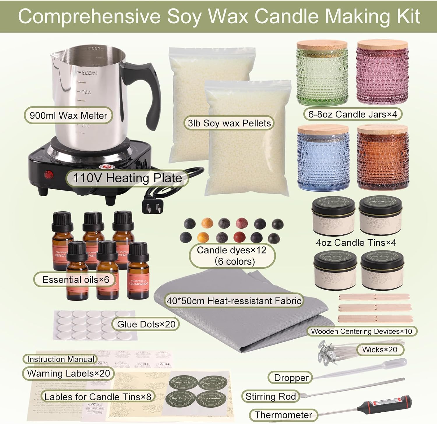 Soy Candle Making Kit with Wax Melter for Adults- Natural Soy Wax with Candle Making Supplies, 4 Jars& 4 Tins, Wax