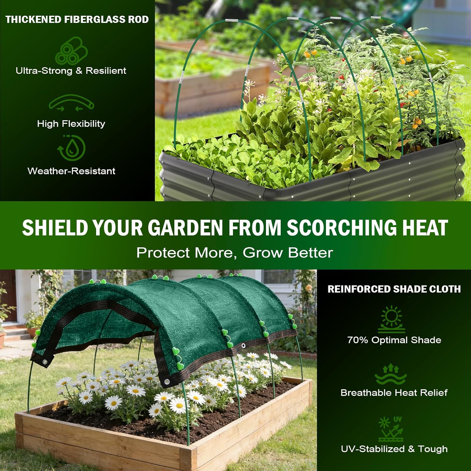 Garden Shade Kit 78.7"x39.4", 70% Green Shade Cloth with Hoops for Plants, Raised Garden Bed Shade Cover for Heat